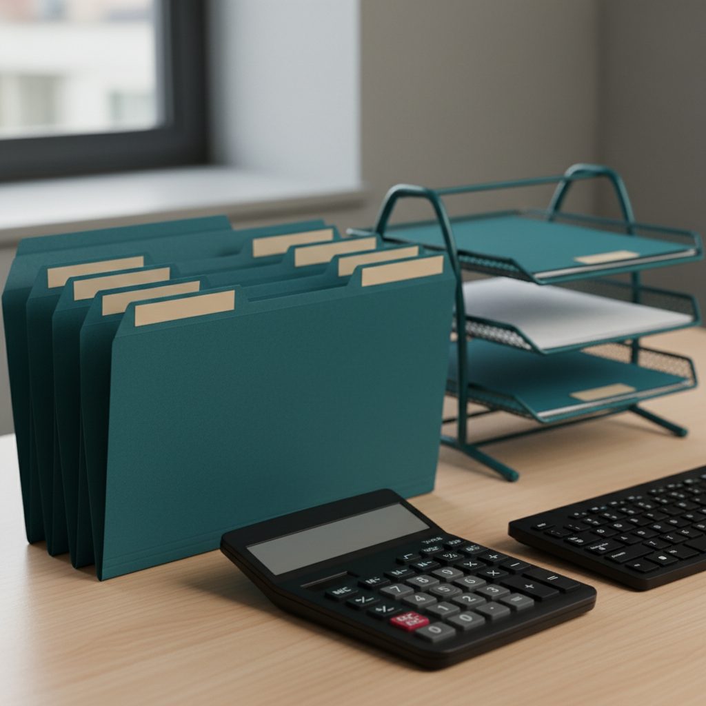 Scrivania di uno studio professionale con schedari e pratiche in lavorazione