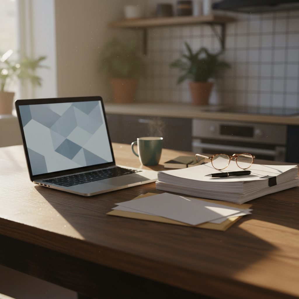 Tavolo di cucina con laptop, buste e documenti del rapporto di lavoro domestico