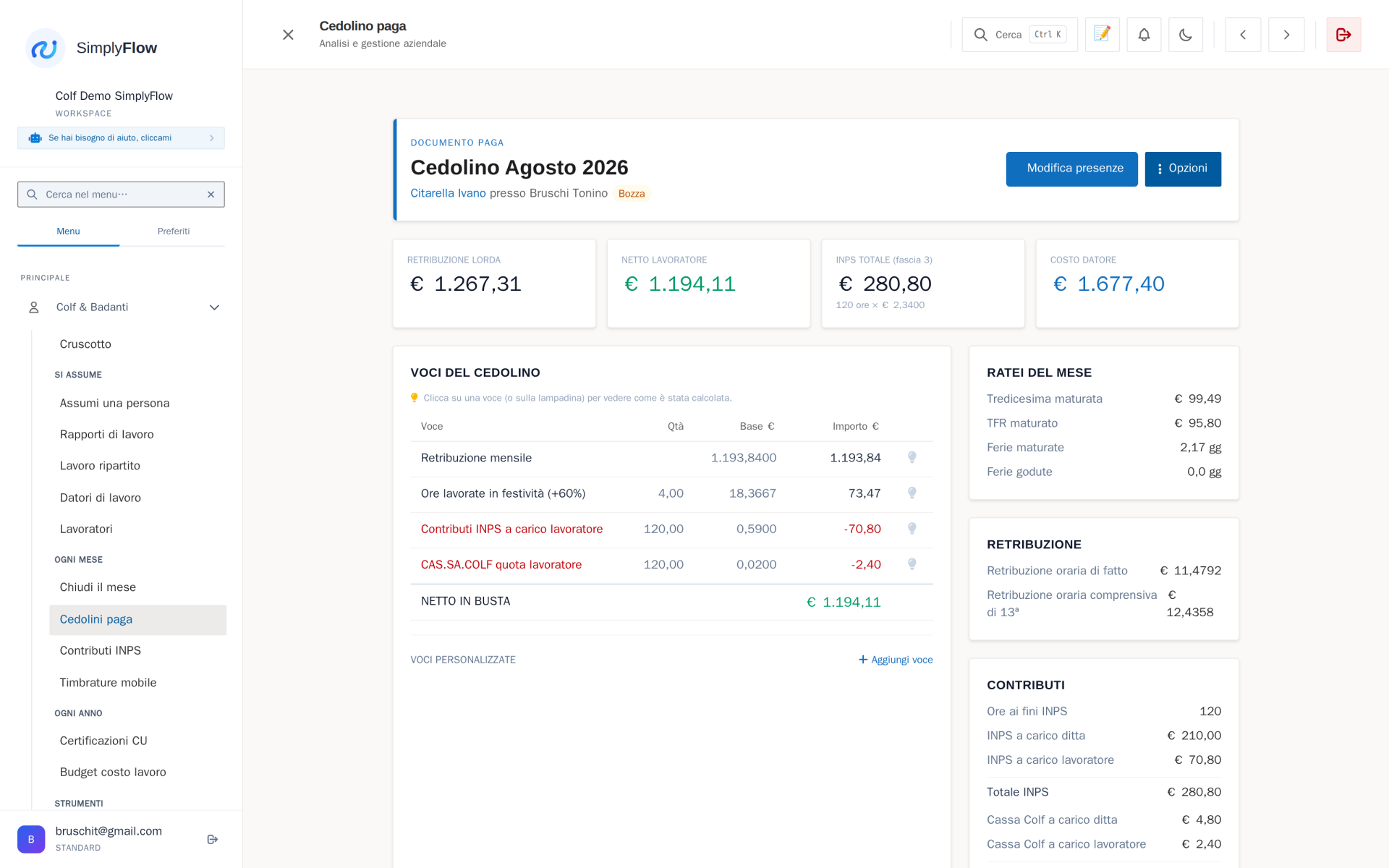 Videata del cedolino mensile in SimplyColf: intestazione con il rapporto di lavoro, righe di paga oraria, straordinari, festività e valore di vitto e alloggio, totale netto e riepilogo contributivo a lato